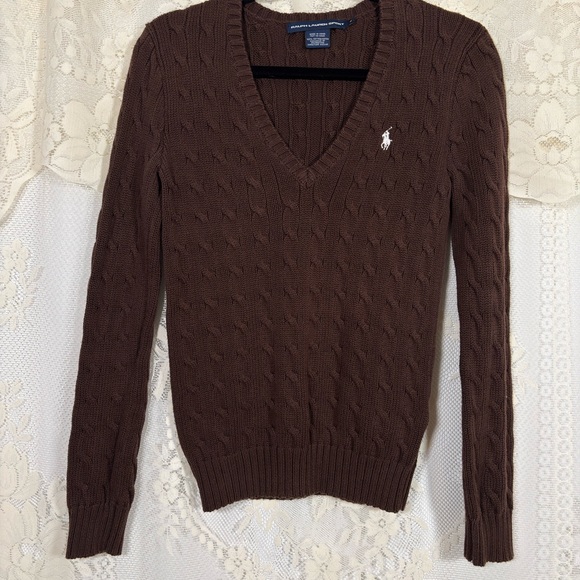 Vintage Ralph Lauren Cable Knit V-Neck Sweater Chocolate Brown Size Medium - Picture 2 of 7